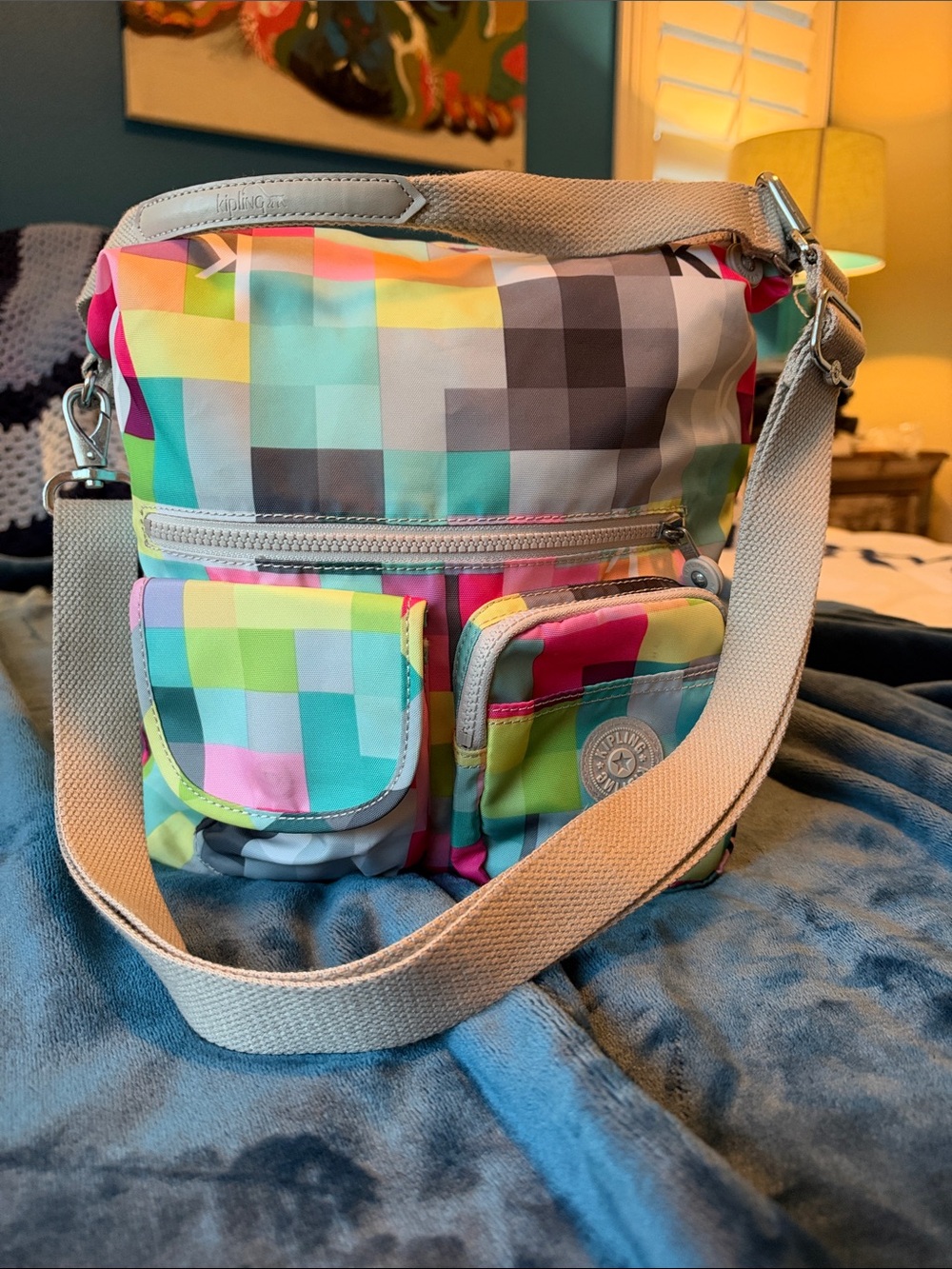 Kipling Multicolor Pixel-Print Satchel with Beige Strap